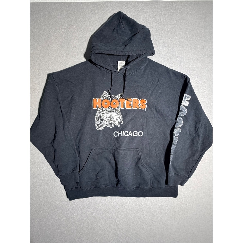 Vintage Hooters Hoodie Mens Large Black Chicago Sleeve Graphic Pullover
